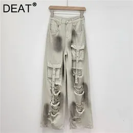 Women's Jeans Trendy Hole Multi Pockets Cargo 2024 Summer Fashion High Waist Straight Denim Pants Female 11XX9343