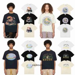 Rhude High end designer T shirts for 2024 Spring/Summer Fashion Lake Coconut Tree Landscape Print Pure Short sleeved T-shirt for Men With 1:1 original labels