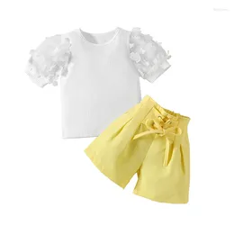 Clothing Sets PUHHAPIEY Toddler Girl Summer Clothes Little Kid Set Mesh Short Puff Sleeve Ribbed T-shirt Tops High Waist Shorts