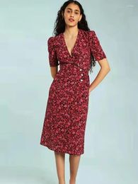 Party Dresses 2024 Spring And Summer Special Price Women V-neck Wrap Mid-length Floral Red Rose Print Midi Dress
