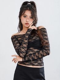 Women's T Shirts Women Floral Lace Sheer Crop Tops Off-Shoulder Long Sleeve Shirt Casual Pullovers For Club Streetwear