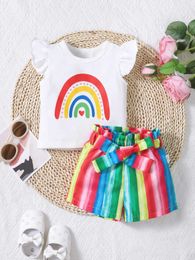 Clothing Sets Baby Girls Summer Suit Round Neck Flying Sleeve White Top Colour Tie Dye Pants Belt Home Baby Girls And Children Two-Piece Set Y240520SW36