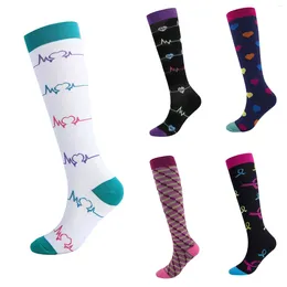 Women Socks Unisex Multi Color Printed Sweat Wicking Breathable Sports Compression Elastic Long Tube Design Outdoor Sport Stockings