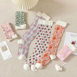 Women Socks Strawberry Fishnet Stockings Knee Thin For Ultra-thin Transparent Crystal Silk Long Sock Sweet Girl Summer