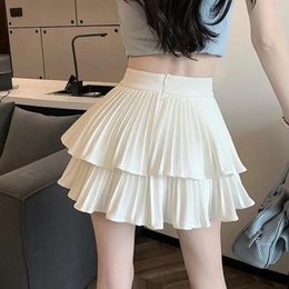 Skirts Summer Preppy Style Elastic Waist Cascading Pleated A-line Skirt White Black Women Ruffles Sweet Slim Thin Simple Casual