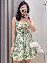 Casual Dresses 2024 Summer Women Plant Flowers Printed Sling Dress Ladies Lace Up Backless Cross V-Neck Pleated Sleeveless A-Line Mini Robe