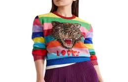 Sweaters Women Soft Fur Pullovers Cartoon Letters Knitted Sweaters Rainbow Striped4604530