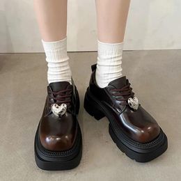 Dress Shoes Vintage Chunky Heels Retro Brown Lace-up Casual Pumps Footwear 2024 Summer Platform Soft Leather Women British Style