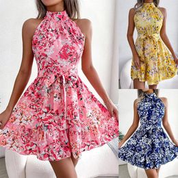 Casual Dresses Women Sweet Halter Sleeveless Floral Print Slash Dress Summer Female Streetwear Party ZE-5307