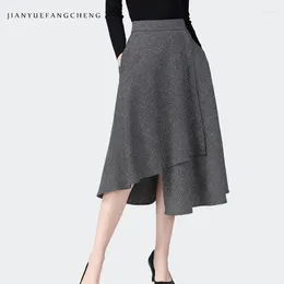Skirts Fashion Women Autumn Winter Grey Wool Skirt High Waist A-line Pleated Midi With Pockets Big Swing Asymmetrical Design
