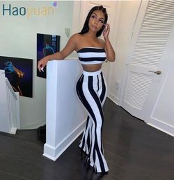 HAOYUAN Women Two Piece Outfits Sexy Club Festival Clothing Striped Crop Top and Flare Pants Birthday Matching Suit 2 Piece Set7592286