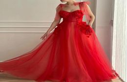 Parti Elbiseleri Kırmızı Tül Bir Çizgi Balo Uzun Tesitler Straps 3D Çiçekler Boncuklar Kat Uzunluğu Akşam Elbiseleri 2022 Gelin Elbisesi1516983