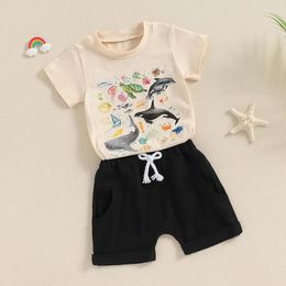 Clothing Sets Toddler Baby Boy Clothes Summer Vacation Outfit Sea Ocean Life T-shirt And Solid Color Shorts 2pcs Set