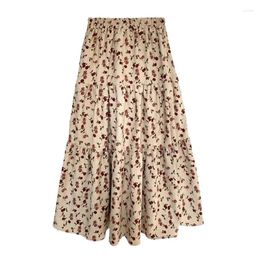 Skirts 2024 Spring Floral Print Cotton Pleated Ruffled Skirt Prairie Chic Vintage Maxi Bohemia Flower