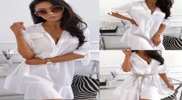 Summer Women039s White Shirt Dress Short Sleeve Slim Waist Transparent Ruffles Casual Dress C47512956425