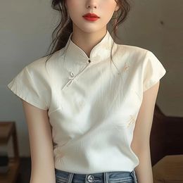 Summer Chinese Style Shoulder Short Sleeve T-shirt Womens Tight Waist Top Short Sweet Spicy Girl Sweet Little Shirt 240520