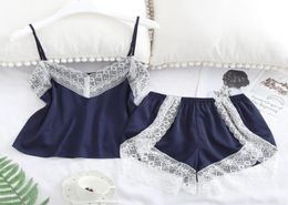 Women Sleepwear Sexy Silk Bow Loose Sleeveless Woman Underwear Lace Pajamas Set Suspenders shirts Shorts sets Erotic Lingerie Dres4371636