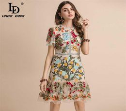 LD LINDA DELLA Fashion Runway Summer Dress Women039s Flare Sleeve Floral Embroidery Elegant Mesh Hollow Out Midi Dresses 2201223315738