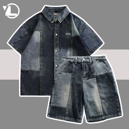 Loose Summer Denim Sets Men Women Colour Block Shirts Straight Shorts Couple Hip Hop Half Sleeve Streetwear 2 Pcs Set Unisex 240507