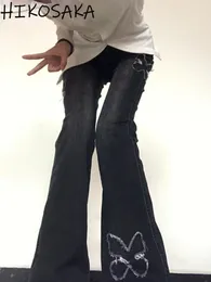 Women's Jeans Vintage High Waist Washed Flare Pants Butterfly Rough Selvedge Skinny Denim Y2k Aesthetic Harajuku Streetwear Pantalones