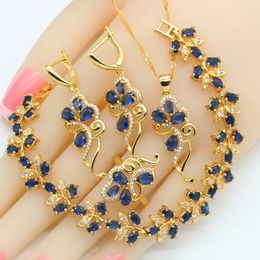 Flower Blue Sapphire 18K Gold Plated Jewellery Sets for Women Earrings Necklace Pendant Ring Bracelet Birthday Gift 240517