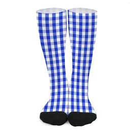 Women Socks Blue And White Checkerboard Retro Plaid Squared Casual Stockings Men Soft Breathable Running Autumn