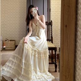 French retro Sexy Women Beige Backless Ruffle Edge Halter Lace-up Long Summer Sleeveless Birthday Evening Party Cake Dress