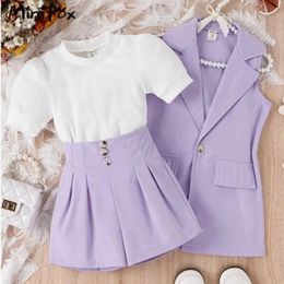 Clothing Sets MiniFox Kids Girls Blazer Sets Purple Sleeveless Blazer Coat+White T-shirts+Shorts 3pcs Summer 2024 Suit For Children Girls Y240520ZT93