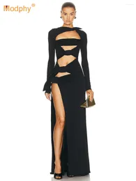Casual Dresses Modphy Sexy Hollow Out Knot Design Mesh Long Sleeves Tight Dress Women Black Maxi Gowns Fashion Party Evening Wear