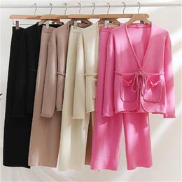 Women's Two Piece Pants Spring Autumn Knitted Suits Women Long Sleeve Sweater And Wide Leg Sets Outwear Loose Lace Up Cardigan Outfits