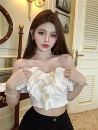 Women's Blouses French Sweet Girl PureSexy Ruffled T-shirt Spring/Summer Slash Neck Off Shoulder Short Top Fashion Female Clothes