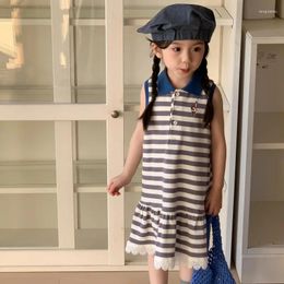 Girl Dresses Women Summer Dress Embroidery Stripe Baby Girls Vest Sweet Sleeveless Turn Down Collar Lace For Princess 1-10Y