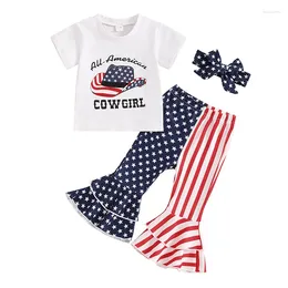 Clothing Sets Kid Girls Summer Outfit Short Sleeve Letters Hat Print T-shirt With Stars Stripes Flare Pants Headband 4th Of July