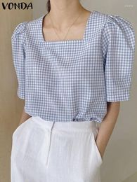 Women's Blouses VONDA 2024 Fashion Plaid Blouse Casual Short Puff Sleeve Shirts Women Summer Vintage Square Collar Loose Tunic Tops Blusas