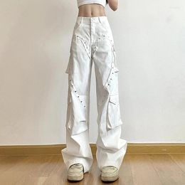 Women's Pants Korean Style White Innovative Rivet Cargo Women Streetwear Sweatpants Harajuku Baggy Y2K Multi Pocket Trousers