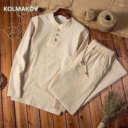 Men's Tracksuits (Shirt Trousers ) 2024 Summer Men Shirt Man Cotton Linen Shirts Long Sleeve Fashion Casual A Set Size M-5XL