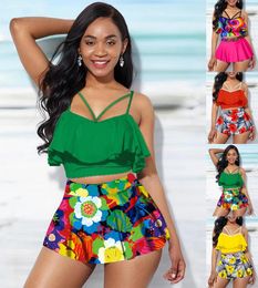 Women's Swimwear Ladies Summer Two Piece Swimsuit Colourful Flower Print Sexy Off Shoulder Leisure Fashion Resort Beach S-5XL