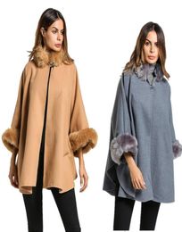 2018 Women Winter Wool Poncho and Capes with Faux Fox Fur Stand Collar Overcoat Flare Sleeve Button Cardigan S3XL3399928