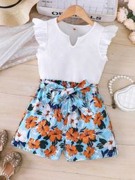 Clothing Sets Girls Summer New Fashion Trend Casual Set Small V-Neck Flying Sleeve Top+Colorful Series Shorts Two Piece Set Y240520KMJM