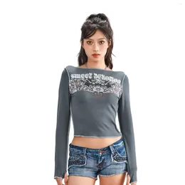 Women's T Shirts 2024 Graphic Tops Vintage Letter Print Long Sleeve Boat Neck Slim Fit T-Shirt Casual Blouse