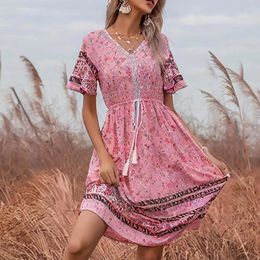 Casual Dresses Women Summer Dress V Neck Short Sleeve Tight High Waist Bohemian Ethnic Style Print Knee Length A-line Beach Vacation Midi