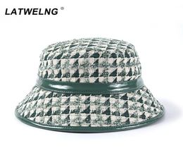 Vintage Designer Tweed Bucket Hats For Women Fashion Autumn Winter UV Hat Ladies Plaid Caps With PU Stitching 3 Colors Whole T77176389381