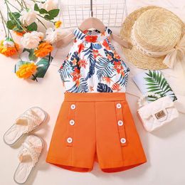 Clothing Sets 4-7 Years Old Summer Girl Fashion Style Children's Set Sleeveless Floral Tops Solid Shorts 2 Piece