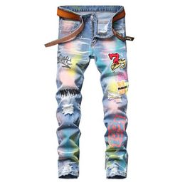 Mens Jeans Coloured Painted Printed Denim Fashion Badge Holes Ripped Pants Patchwork Stretch Trousers