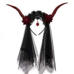 Party Supplies Women Halloween Headwear Vintage Retro Black Red Rose Horns Headband Cosplay Animal Antelope Devil Veil Hairband