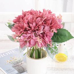 Decorative Flowers Beautiful Artificial Silk High Quality Autumn Dahlia Wine Colour Bouquet Home Wedding Table Decoration Fake