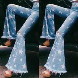 Women's Jeans 2024 Fashion Skinny Star Shape Printed With Tassel Stretchy Denim Sexy High Street Bell Bottoms Vintage Flare Pants