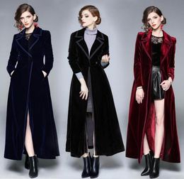 Women039s Wool Blends 2021 Winter Runway Designer Women Vintage Notched Collar Wrap Black Velvet Maxi Coat Thick Warm Long Tr9090856