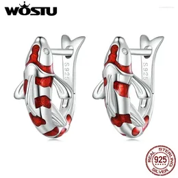 Hoop Earrings WOSTU Real 925 Sterling Silver Red Luck Carp Colourful Chinese Art Cool Drop Earring Year Jewellery Gift BSE742