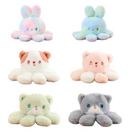 Stuffed Plush Animals Cute reversible rabbit plush toy with double-sided octopus soft doll hugging pillow Christmas gift for children GIRLS room decoration d240520